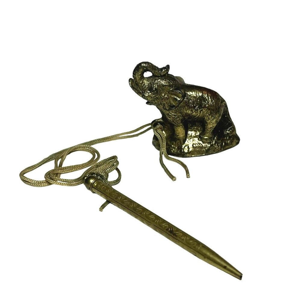 Vintage Solid Brass Elephant Figurine with Attached Lead Pencil Japan